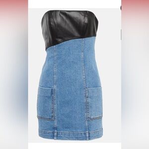Staud strapless dress. Medium denim wash with black leather. Size 4